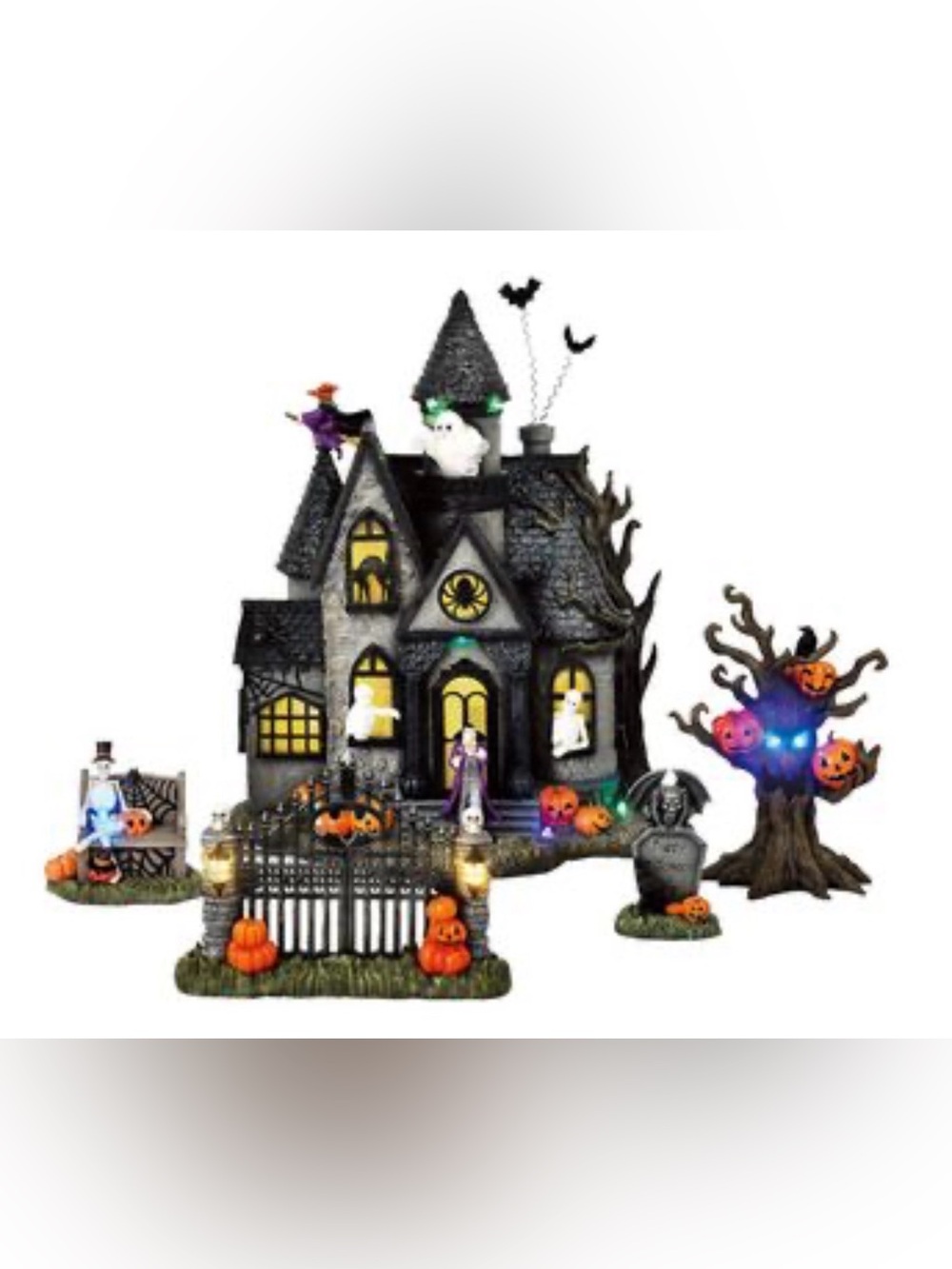 Halloween Haunted House Village Set with Tree and Figures light up battery